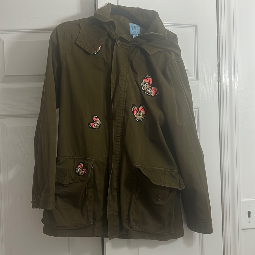 CeCe Butterfly Embroidered Cotton Utility Jacket with Hood